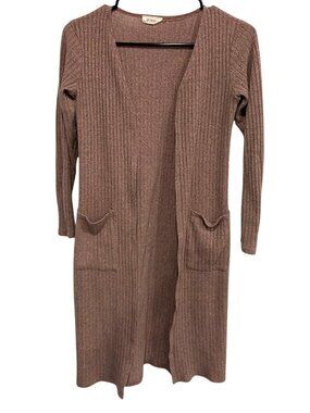 Pinc Small Ribbed Open Front Long Cardigan Pockets Mauve Pink Neutral Aesthetic